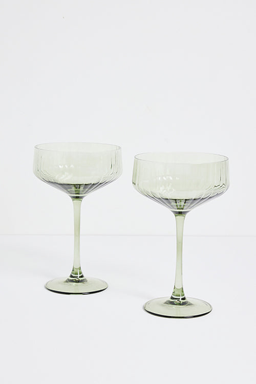 set of 2 olive green ribbed cocktail glasses