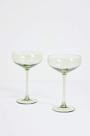 olive green etched leaf set of 2 cocktail glasses