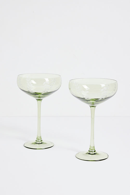 olive green etched leaf set of 2 cocktail glasses