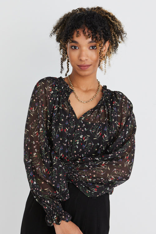 Jade Black Meadow Floral Shirred Ls Blouse WW Top Ivy + Jack   