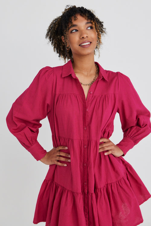 Valley Raspberry Ls Shirt Style Tiered Mini Dress WW Dress Ivy + Jack   