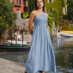 Rare Sky Blue One Shoulder Shirred Bodice Maxi Dress