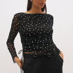 Vesper Black Polka Dot Side Gather Mesh LS Top