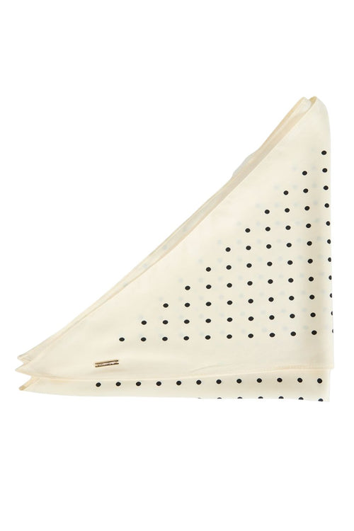 An off-white pocket square with a black polka dot pattern, folded into a triangle shape on a solid white background.