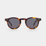 Sunglasses with tortoiseshell frame and dark lenses on a white background
