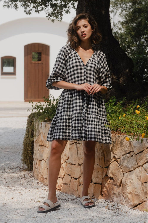 Shop Aries Black Gingham Mid Sleeve Tiered Button Front Mini Dress | F Shop Aries Black Gingham Mid Sleeve Tiered Button Front Mini Dress | F