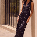 Aston Black Large Polka Dot Satin Bias Flared Maxi Dress