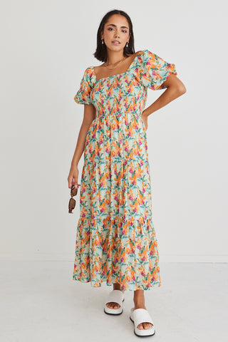 Raven Paradise Floral Puff Sleeve Tiered Maxi Dress