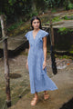 Flawless Navy Gingham Cotton Fluted Sleeve Button Front Midi Dress