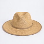 A natural straw fedora hat with a matching tan band, photographed from the side against a clean white background.