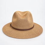 A woven straw fedora hat in a light tan color with a dark brown band, photographed from the side against a plain white background.