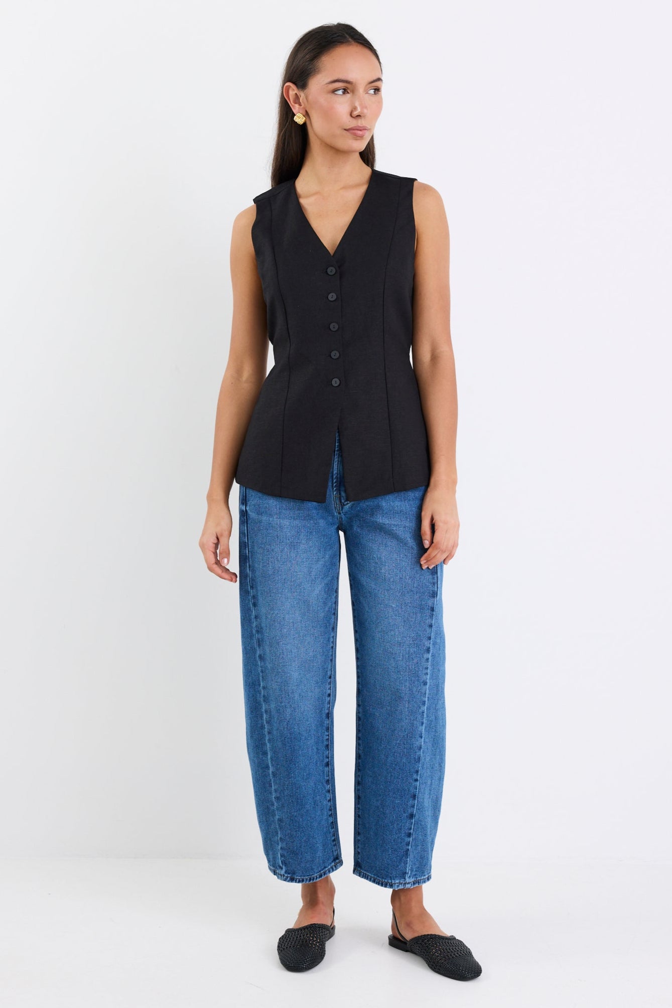 Shop Eiffel Black Linen Viscose Fitted Longline Vest | Flo