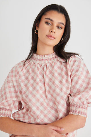 Influential Pink Gingham Shirred Neck Ss Top