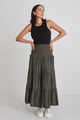 Soaring High Dark Khaki Satin Shirred Waist Tiered Midi Skirt