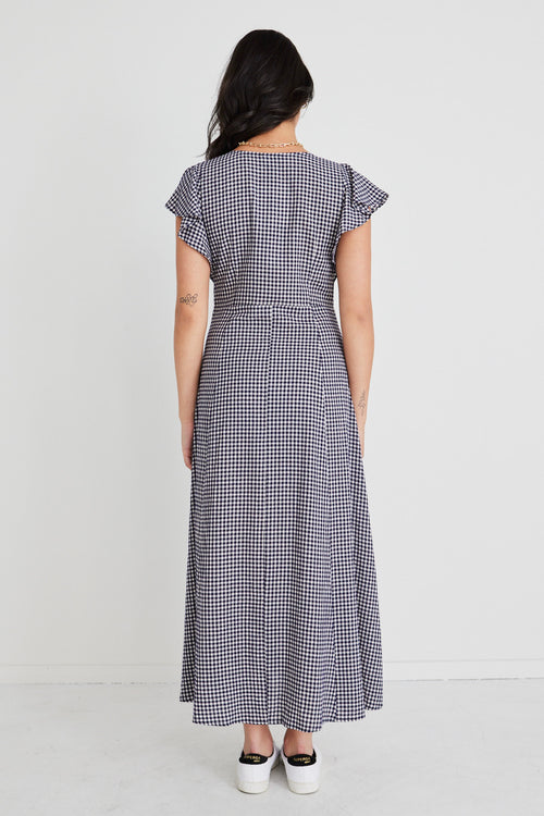 Flawless Navy Gingham Fluted Sleeve Button Front Midi Dress WW Dress Among the Brave   