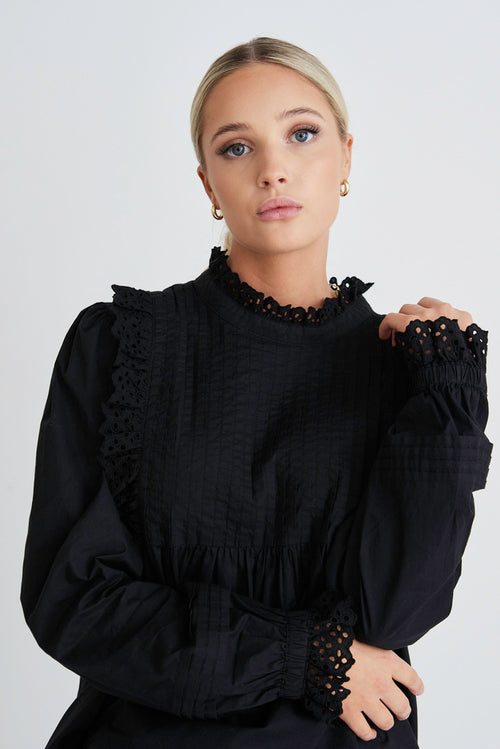 Model posing in black frilled top