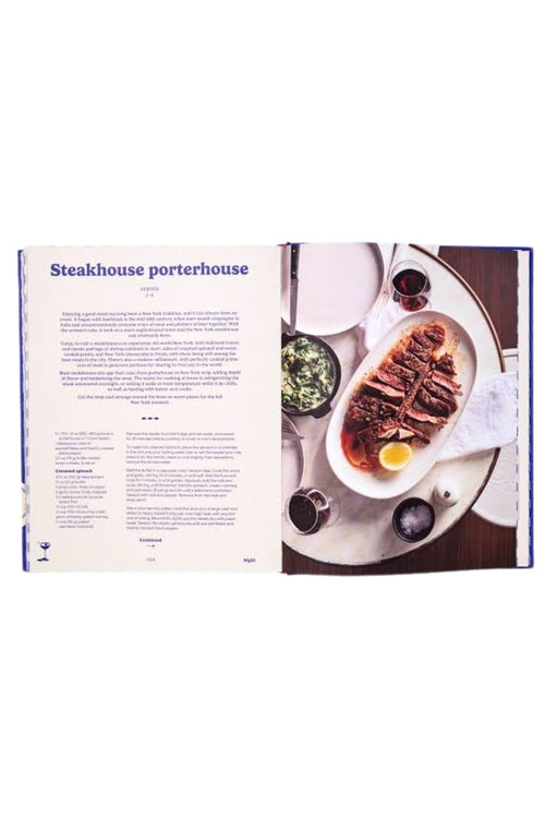 An open cookbook spread showing the recipe page for 'Steakhouse porterhouse' with text on the left and a plated steak dish on the right, photographed against a white background.