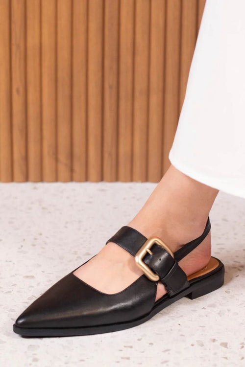 black shoe with gold buckle 