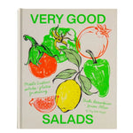 The front cover of the book 'Very Good Salads' by Shuki Rosebaum and Lauren Fittan, featuring a beige background with colorful hand-drawn illustrations of vegetables and green title text.