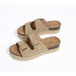 Natural Linen Double Buckle Platform Slide