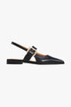 Goldie Black Leather Gold Buckle Point Slingback Flats