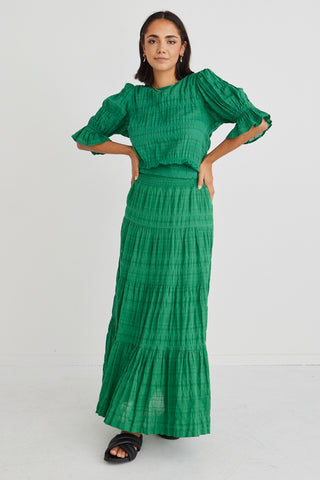 Charming Palm Green Shirred Cotton Tiered Maxi Skirt