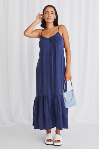 All Day Blue Cupro Strappy Tiered Empire Midi Dress WW Dress Stories be Told   