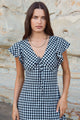 Ovation Black Gingham Flutter Ss Keyhole Tie Midi Dress