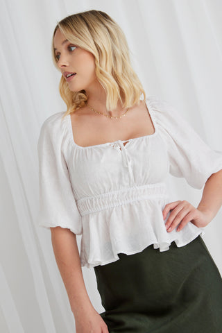 Savour White Linen SS Sqaure Neck Top WW Top Stories be Told   