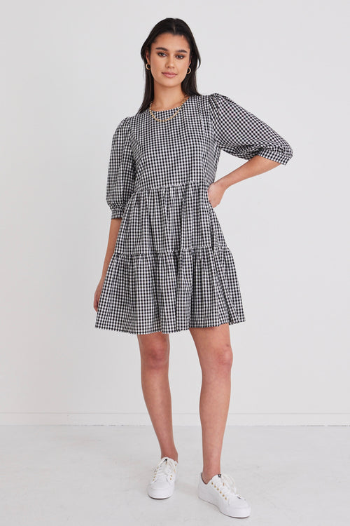 Anytime Black Gingham Tie Back Ss Puff Sleeve Tiered Mini Dress WW Dress Among the Brave   
