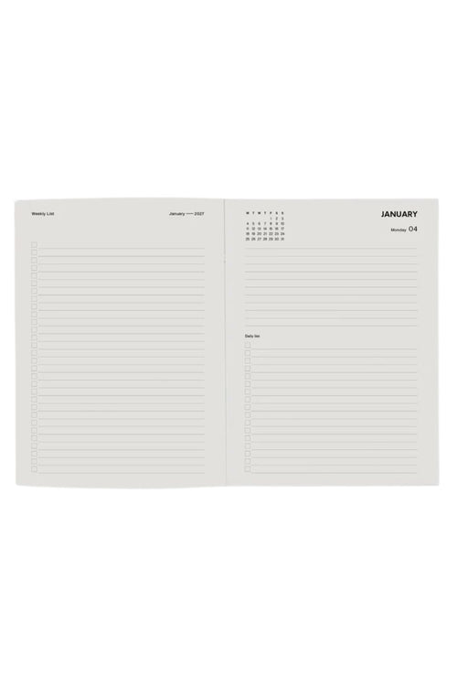 An open two-page planner or calendar pad showing blank lined writing areas and a January calendar header on a plain white background.