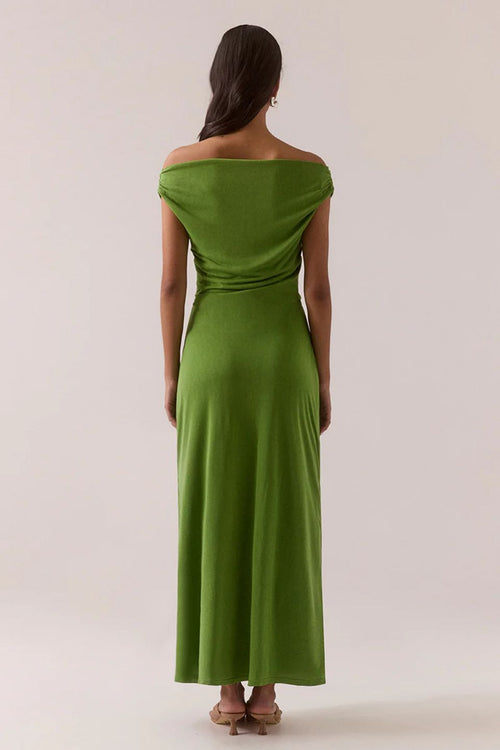 Shop Reya Nettle Green Gathered Wasit Sleeveless Maxi Dress