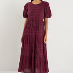 Graceful Burgundy Plum Shirred Cotton Bubble Short Sleeve Tiered Maxi Dress