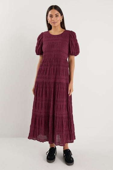 Graceful Burgundy Plum Shirred Cotton Bubble Short Sleeve Tiered Maxi Dress