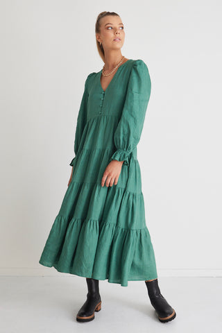 Compelling Fern Green Linen Ls Button Front Tiered Maxi Dress