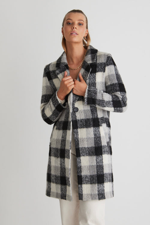 Luna Black Check Single Breasted Long Coat WW Jacket By Rosa.   