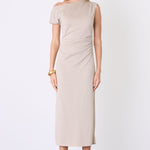 Lunar Gold Metallic Off Shoulder Midi Dress