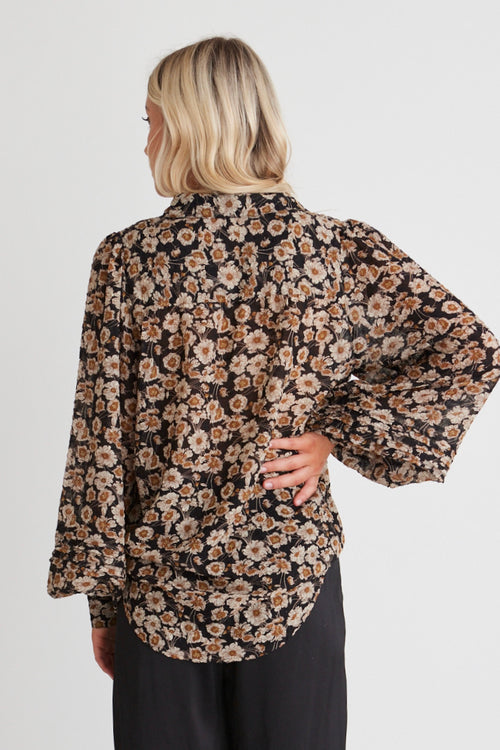 Savvy Black Gold Sheer Puff Sleeve Shirt WW Top Stories be Told   