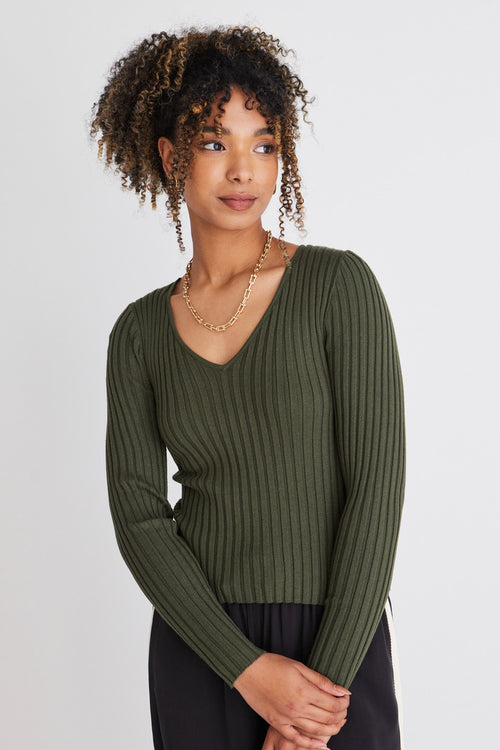 Desire Forest Ls V Neck Rib Knit Top WW Top Among the Brave   
