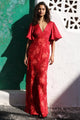 Rhea Red Floral V Neck Flutter Sleeve Maxi Dress