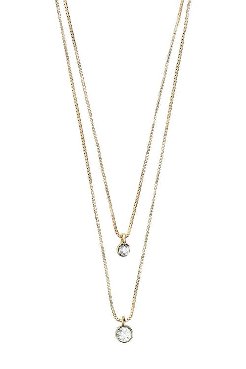 Two gold necklaces with crystal pendants on a white background