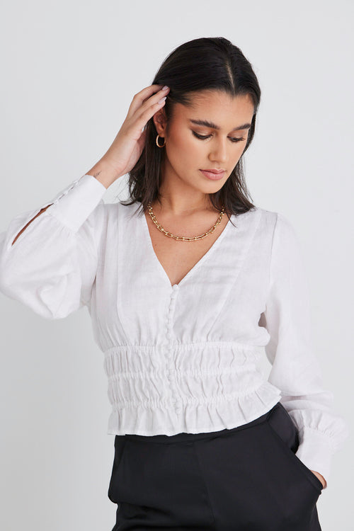 Fabled White Linen LS Shirred Waist Top WW Top Stories be Told   