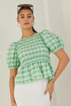 Beholden Blue Green Check Shirred Bodice SS Top