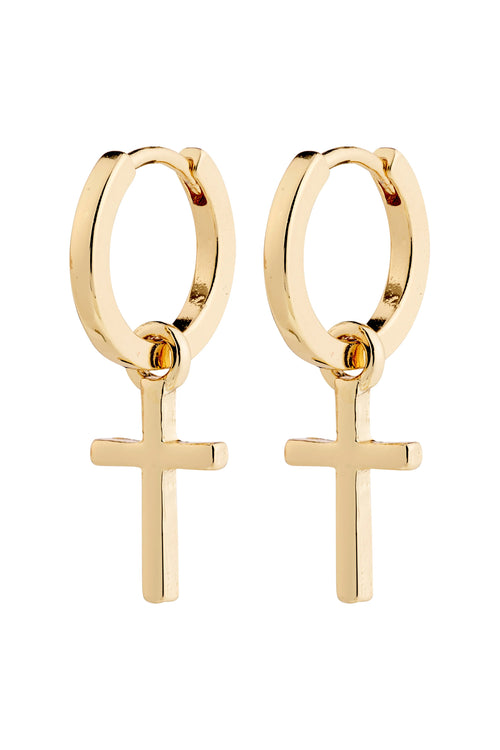 Gold hoop earrings with cross pendants on a white background