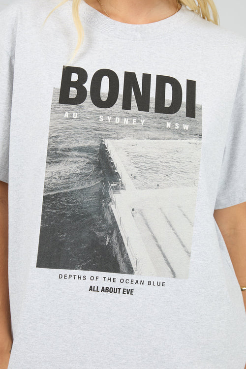 Gray t-shirt with 'Bondi' graphic design featuring a beach scene.