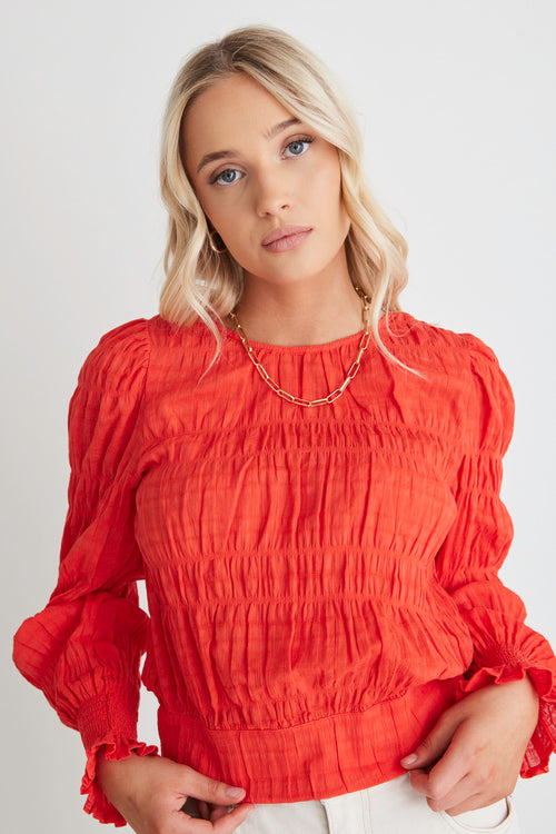 Grace Blood Orange Shirred Cotton Tie Back Ls Top WW Top Ivy + Jack   