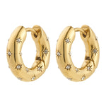 Gold hoop earrings with star and circle designs on a white background
