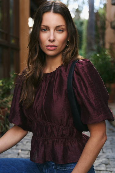Prompt Burgundy Plum Bubble Sleeve Top
