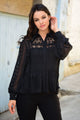 Lace to the Top Black Collared LS Blouse