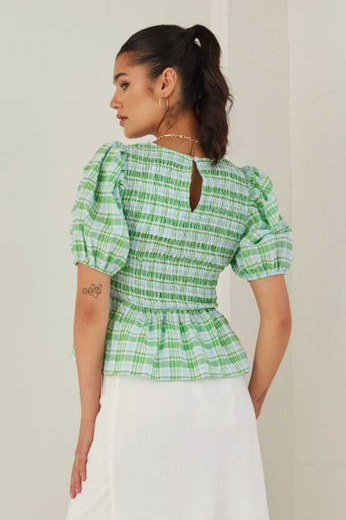 Beholden Blue Green Check Shirred Bodice SS Top WW Top Ivy + Jack   